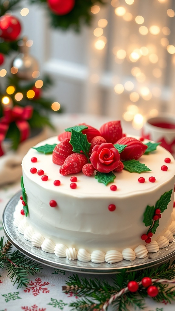 A festive Christmas cake with white fondant and colorful decorations on a holiday table.